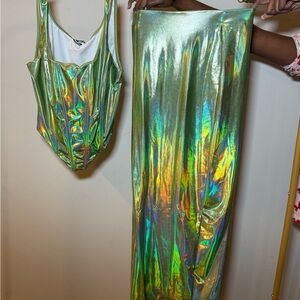 Holographic Green Crop top and Skirt Set